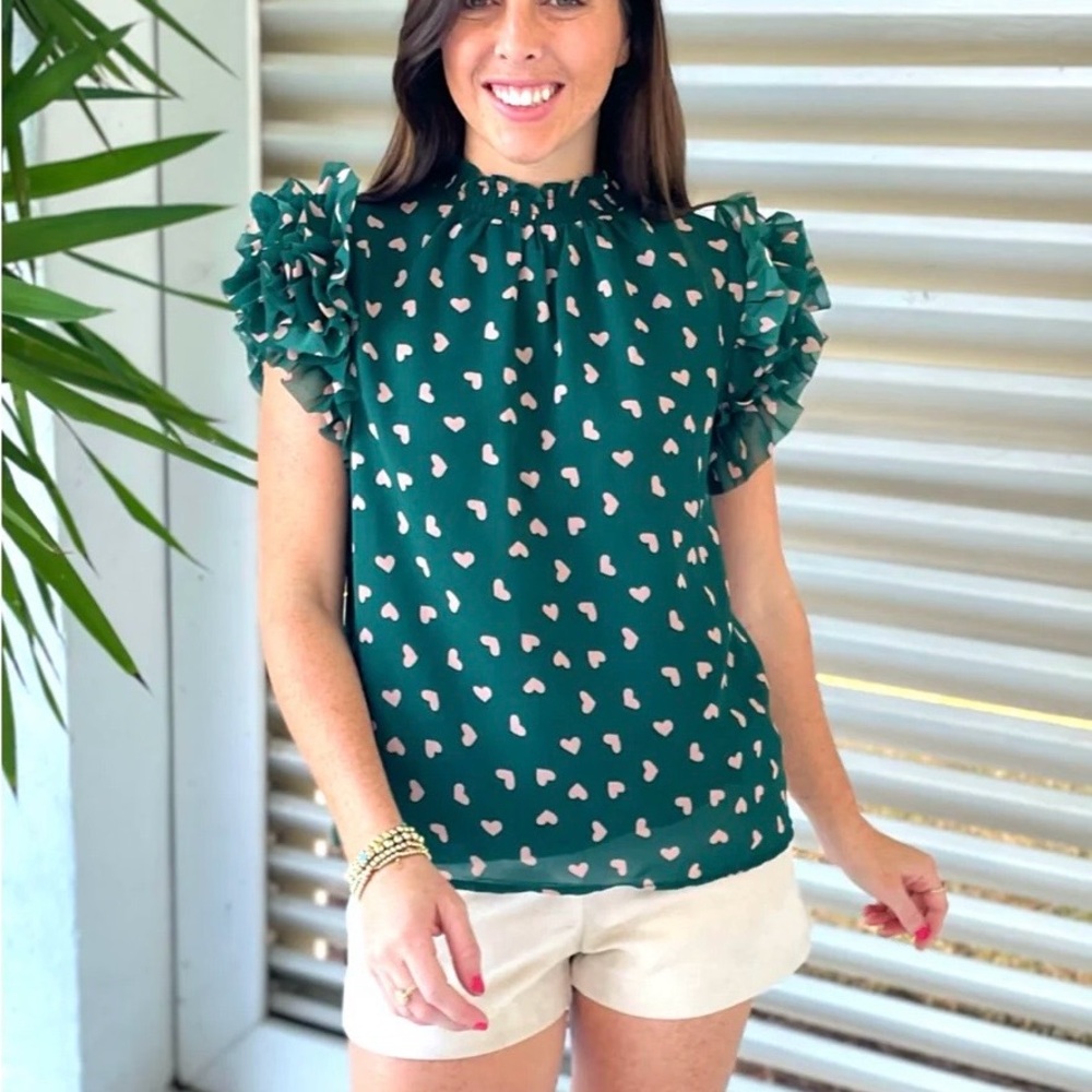 Sugarlips Teal Heart Print Ruffle Blouse